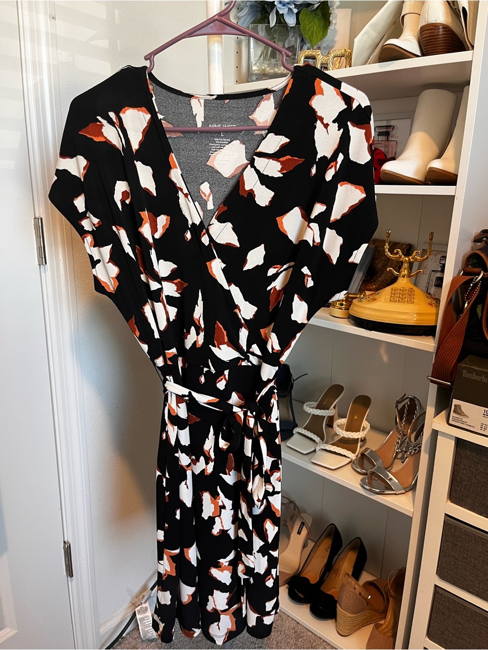 Nine West Black Wrap Midi Dress with White & Brown Abstract Print